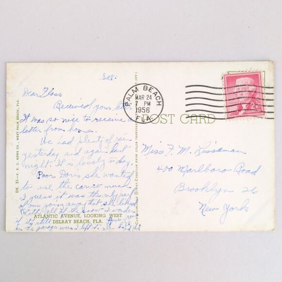 Vtg 1956 Postcard Delray Beach Florida Atlantic Ave Looking West Curteichcolor - Picture 2 of 2